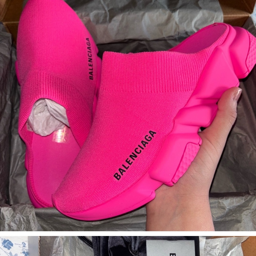 Balenciaga Neon Pink Knit Mules